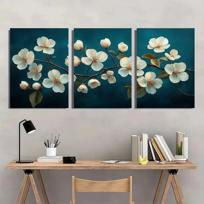 3pcs Elegant White Blossoms on Dark Background Metal Print Ready to Hang Art