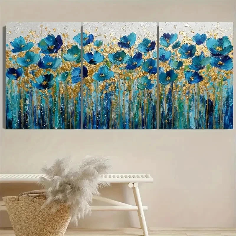 3pcs Color Floral Blue And Golden Tones Artwork Wall Art Set Canvas Framed 60x90cm - High Quality Print 100% Australian Made Wall Canvas Ready to Hang - Bella Home Decor