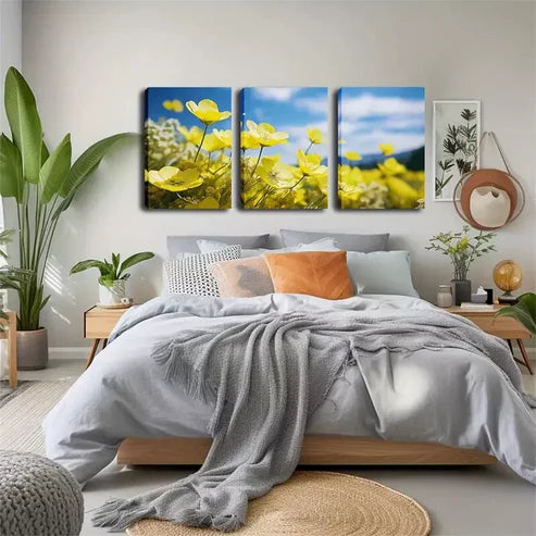 3pcs Blooming Small Yellow Flowers Wall Art Canvas Unframed - High Quality Print 100% Australian Made Wall Canvas