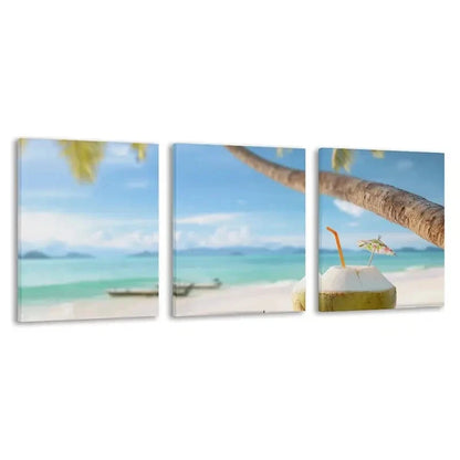 3pcs Turquoise Bay Australia Coconut Drink   Wall Art Set Canvas Framed 40x60cm - High Quality Print 100% Australian Made Wall Canvas Ready to Hang