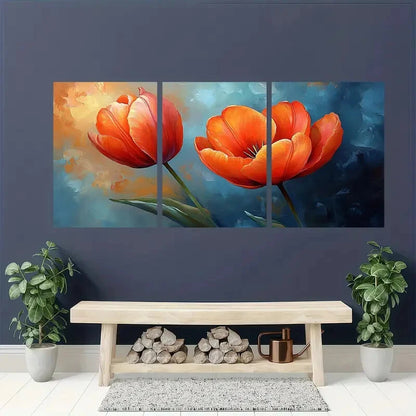 3pcs Vibrant Orange & Red Tulips with Sunset Metal Print Ready to Hang Art - Bella Home Decor