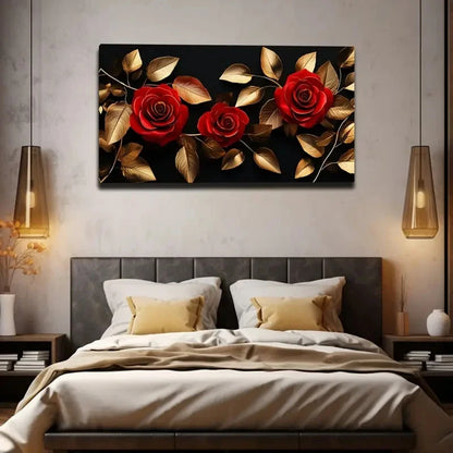 Vibrant Red Roses Golden Wall Art Canvas Office Home Room Framed 120x60cm