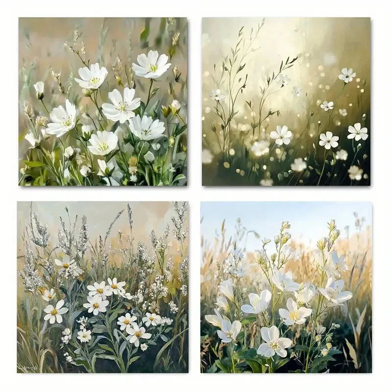 4pcs Green White Floral Picture Wall Art Canvas Framed