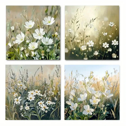 4pcs Green White Floral Picture Wall Art Canvas Framed