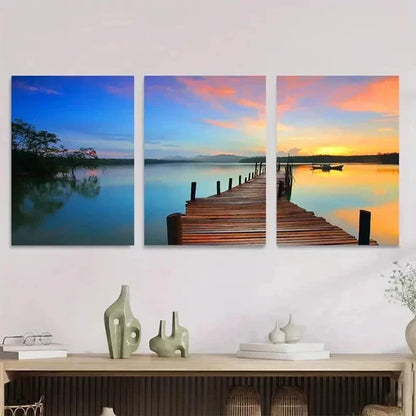 3pcs Tranquil Lake & Sunset Scene Vibrant Wall Art Canvas Unframed - High Quality Print 100% Australian Made Wall Canvas
