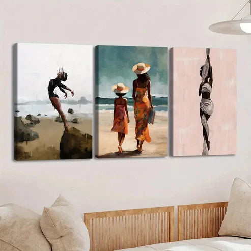 3pcs Fashion Artistic Vibrant Beach Scene Ladies Wall Art Set Canvas Unframed - High Quality Print 100% Australian Made Wall Canvas