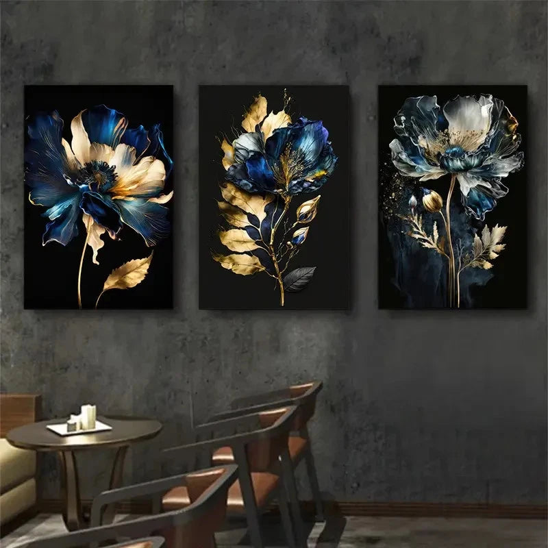 3pcs Abstract Golden & Blue Florals Metal Print Ready to Hang Art - Bella Home Decor