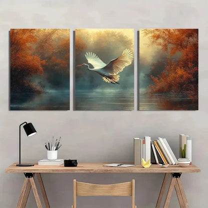 3pcs White Crane Flying Misty Forest Painting Wall Art Set Canvas Framed 60x90cm - High Quality Print 100% Australian Made Wall Canvas Ready to Hang
