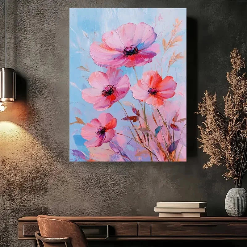 Beautiful Vibrant Pink & Blue Flowers Painting 40x60cm Metal Print Ready to Hang - Bella Home Decor