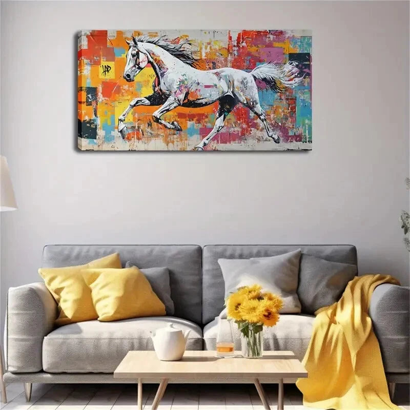 A White Horse Running Brightly Wall Art Canvas Office Home Room Framed 120x60cm - Bella Home Decor
