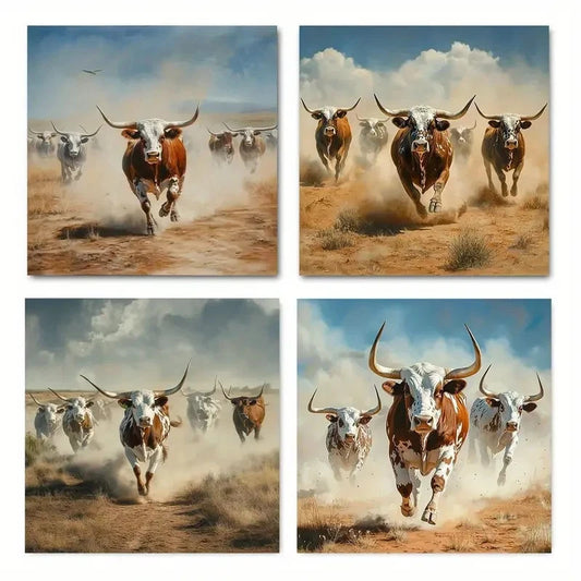 4pcs Galloping Cows In Dust Clouds Wall Art Canvas Framed