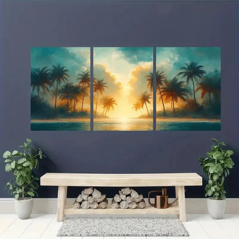 3pcs Tropical Palm Tree Watercolor Art Prints Metal Print Ready to Hang Art - Bella Home Decor