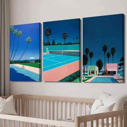 3pcs Coastal Landscape & Poolside Palm Trees Wall Art Set Canvas Unframed - High Quality Print 100% Australian Made Wall Canvas - Bella Home Decor