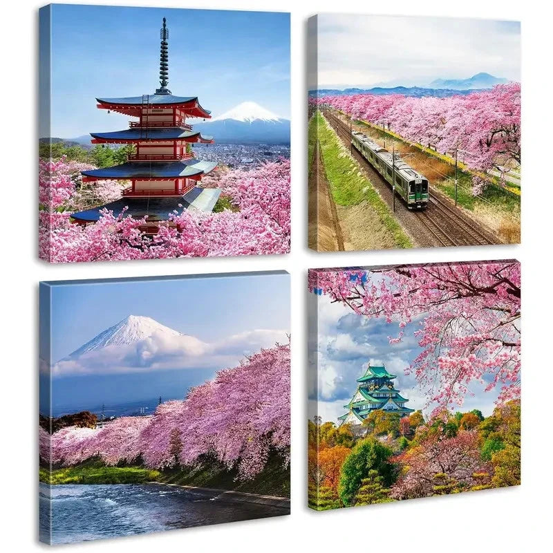 4pcs Japanese Cherry Blossom Wall Art Canvas Framed