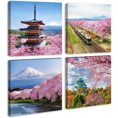 4pcs Japanese Cherry Blossom Wall Art Canvas Framed