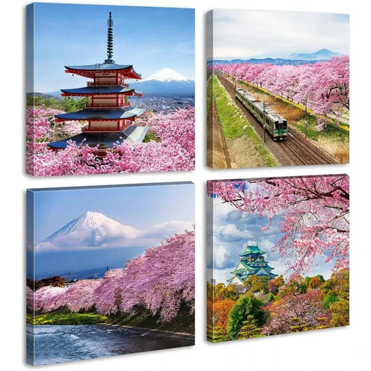 4pcs Japanese Cherry Blossom Wall Art Canvas Framed