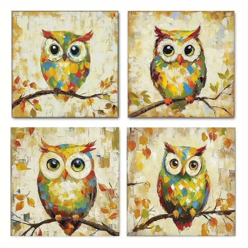 4pcs Funny Owl Themed  Wall Art Canvas Framed