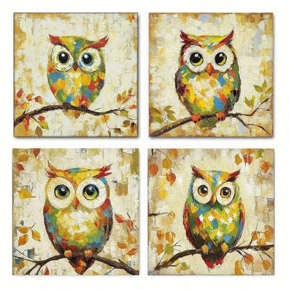 4pcs Funny Owl Themed  Wall Art Canvas Framed