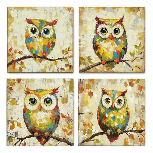 4pcs Funny Owl Themed  Wall Art Canvas Framed