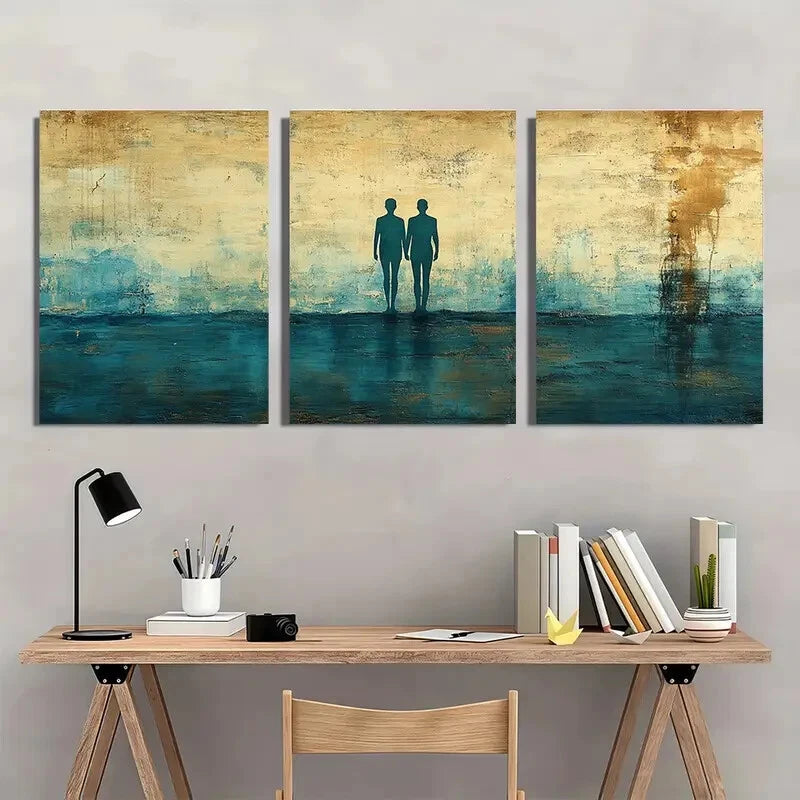 3pcs Cyan & Beige Silhouettes of Figures Metal Print Ready to Hang Art - Bella Home Decor