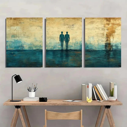 3pcs Cyan & Beige Silhouettes of Figures Metal Print Ready to Hang Art - Bella Home Decor