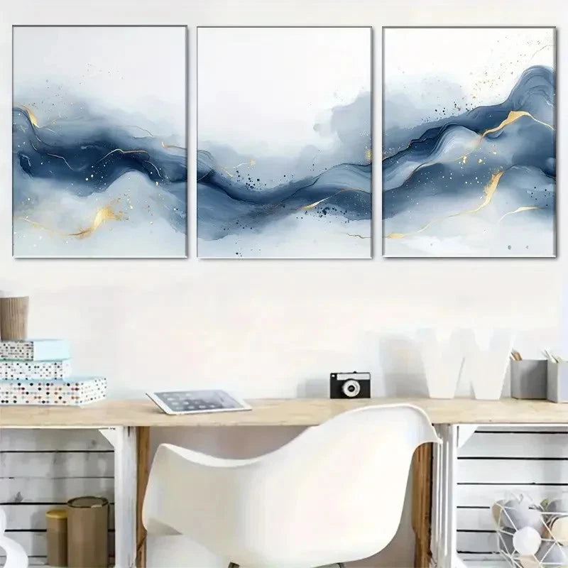 3pcs Abstract Blue and Golden Wave Pattern Metal Print Ready to Hang Art - Bella Home Decor