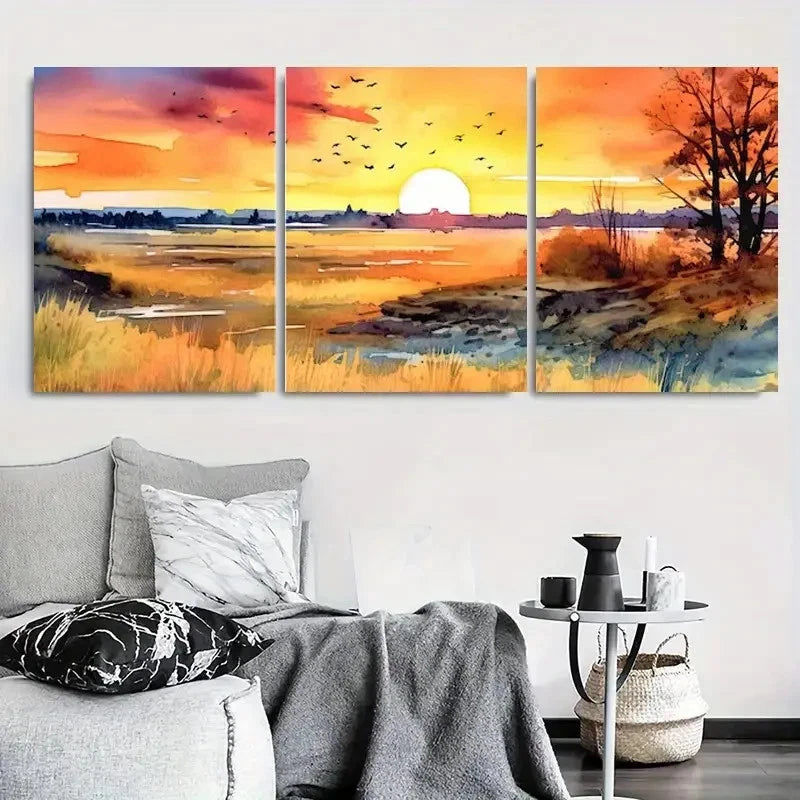 3pcs Golden Marsh Sunrise Autumn Meadow Metal Print Ready to Hang Art - Bella Home Decor