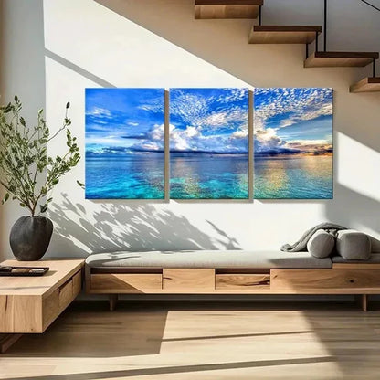 3pcs Blue Sky White Clouds Sea Natural Wall Art Canvas Unframed - High Quality Print 100% Australian Made Wall Canvas - Bella Home Decor