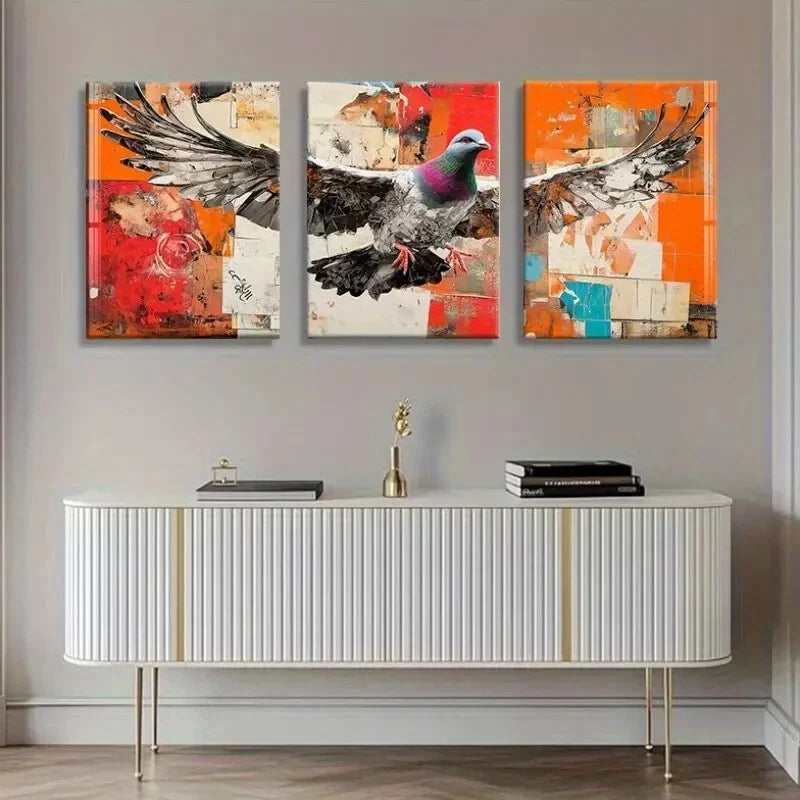 3pcs Vibrant Abstract Pigeon Colorful Geometric Metal Print Ready to Hang Art