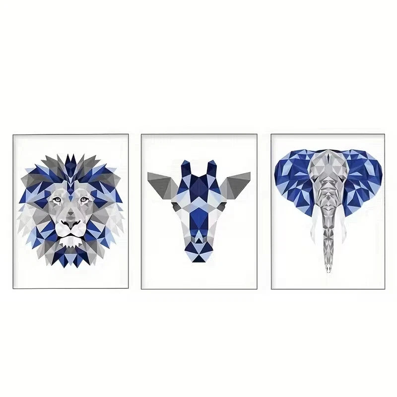3pcs Navy Blue and Gray Giraffe Lion Elephant  Wall Art Set Canvas Framed 50x70cm - High Quality Print 100% Australian Made Wall Canvas Ready to Hang