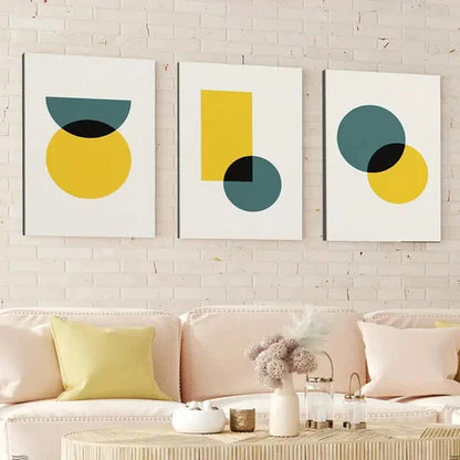 3pcs Abstract Retro Geometric Round Square Blue Wall Art Canvas Unframed - High Quality Print 100% Australian Made Wall Canvas - Bella Home Decor