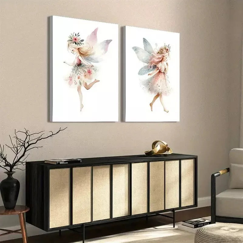 2pcs Painting, Whimsical Little Fairy Watercolor Canvas Framed 50x75cm - High Quality Print 100% Australian Made Wall Canvas Ready to Hang - Bella Home Decor
