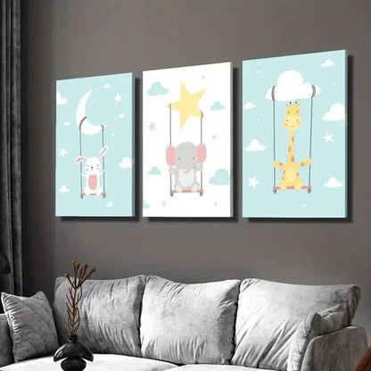 3pcs Rabbits Elephants Giraffes and Clouds  Wall Art Set Canvas Unframed - High Quality Print 100% Australian Made Wall Canvas