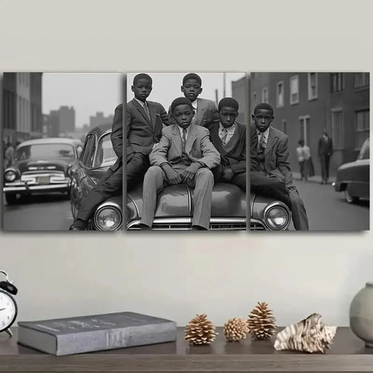 3pcs Vintage Car & Teens Scene Metal Print Ready to Hang Art