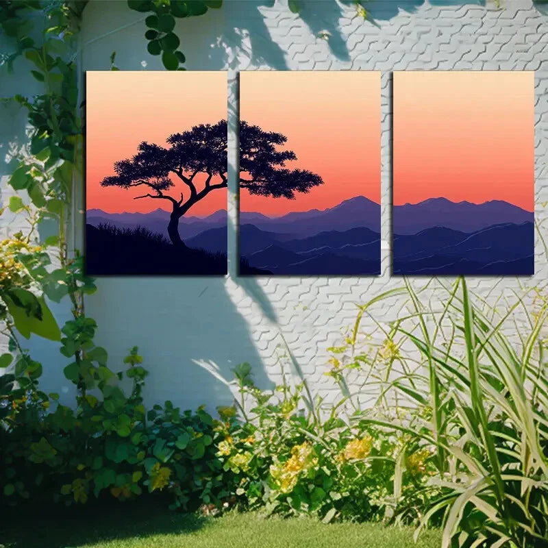 3pcs Tree Under the Purple Sunset Metal Print Ready to Hang Art - Bella Home Decor