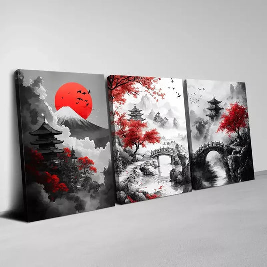 3pcs Monochrome Mountain, River with Pagoda Art Set Canvas Framed 50x70cm - High Quality Print 100% Australian Made Wall Canvas Ready to Hang