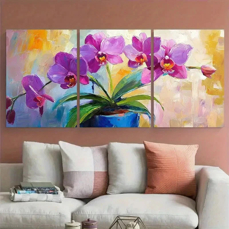 3pcs Orchid Flower in a Pot Abstract Design Metal Print Ready to Hang Art - Bella Home Decor