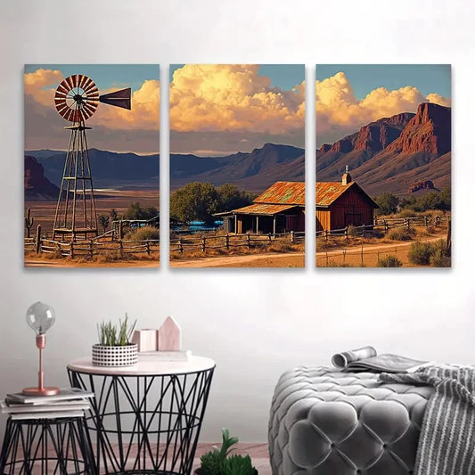 3pcs Windmill Landscape at Sunset Wall Art Set Canvas Framed 60x90cm - High Quality Print 100% Australian Made Wall Canvas Ready to Hang
