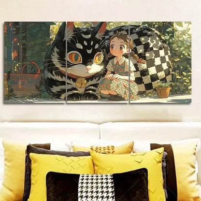 3pcs The Cat And The Girl Modern Art  Wall Art Set Canvas Unframed - High Quality Print 100% Australian Made Wall Canvas