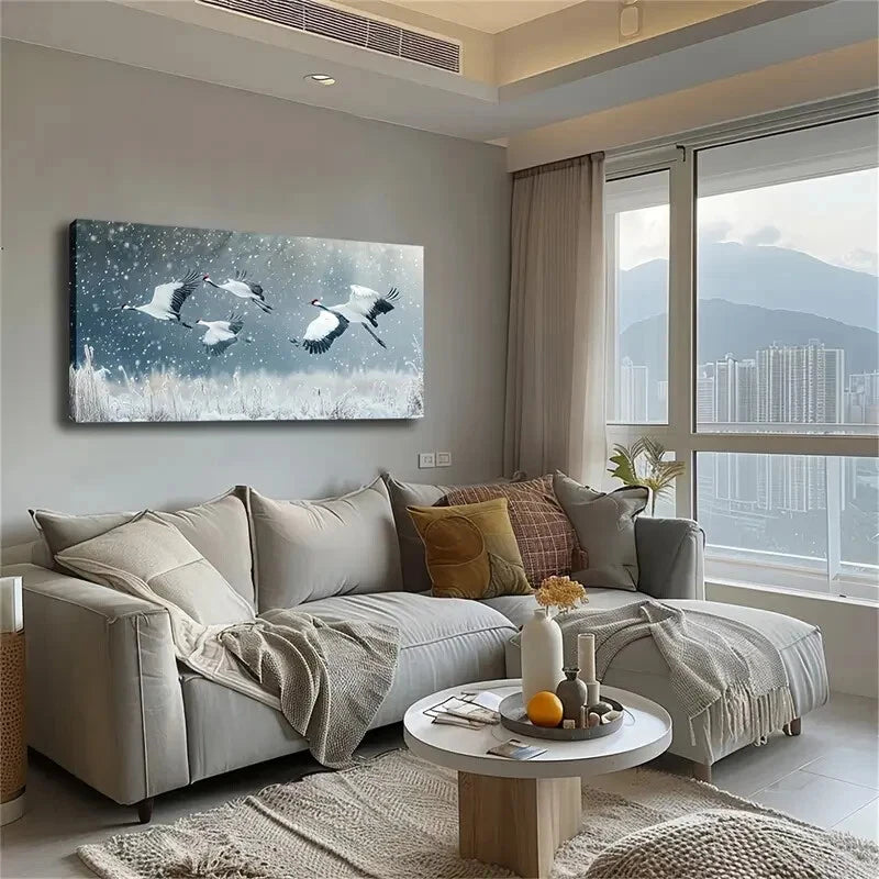 Majestic Cranes Soaringc Snowy Wall Art Canvas Office Home Room Framed 120x60cm - Bella Home Decor