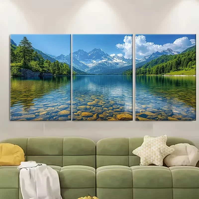 3pcs Clear Water Lake and Mountains Metal Print Ready to Hang Art - Bella Home Decor