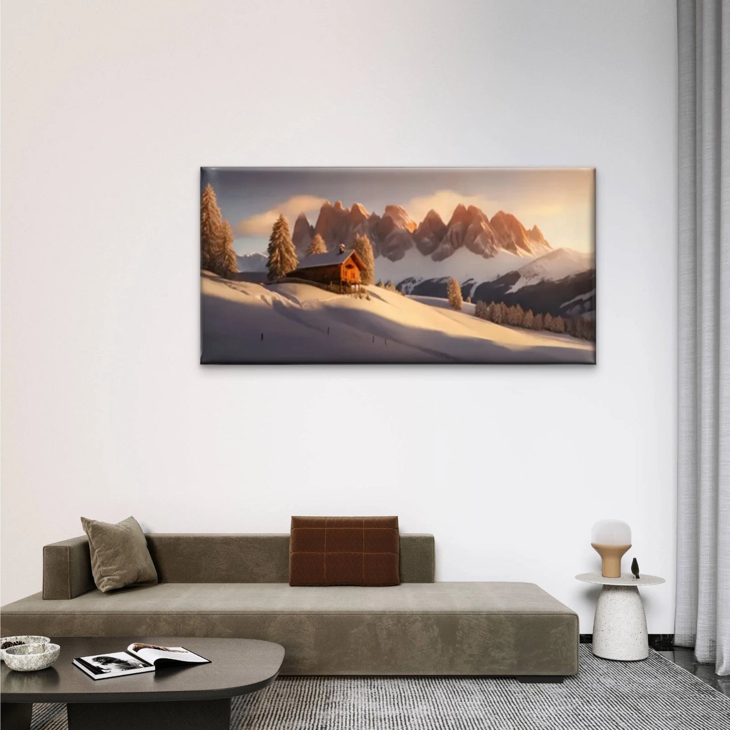 Snowy Scene Cabin Sunset Wall Art Canvas Office Home Room Framed 120x60cm