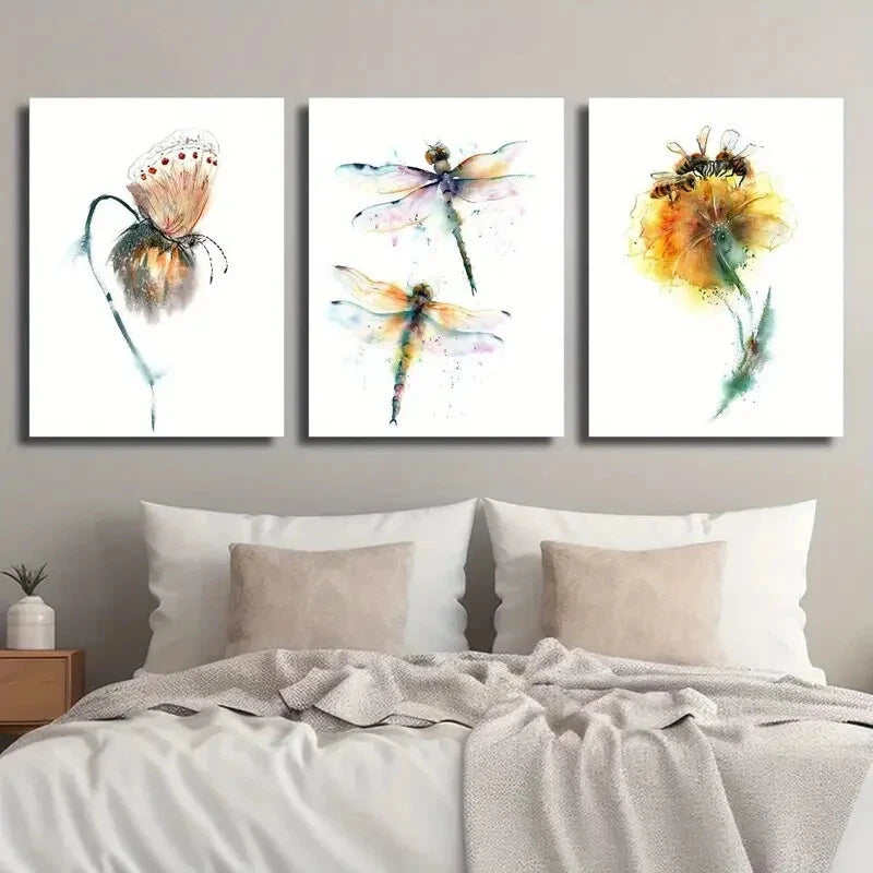3pcs Dragonfly Butterfly Flower Lovers Perfect Wall Art Set Canvas Framed 40x60cm - High Quality Print 100% Australian Made Wall Canvas Ready to Hang - Bella Home Decor