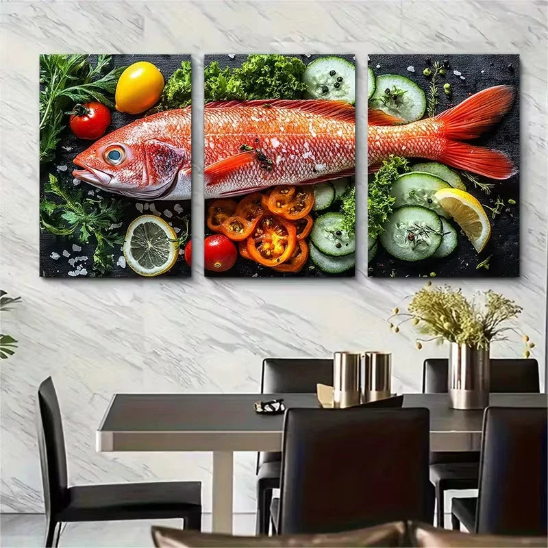 3pcs Red Fish Seafood Vegetables Metal Print Ready to Hang Art