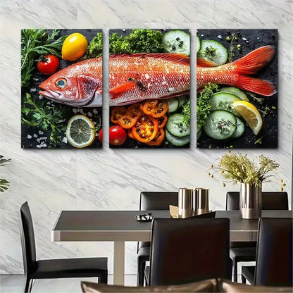 3pcs Red Fish Seafood Vegetables Metal Print Ready to Hang Art