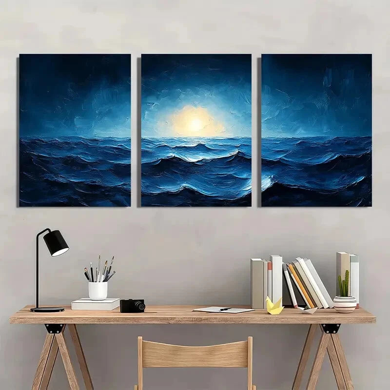 3pcs Timeless Blue Lake Ripple & Ocean Wave Metal Print Ready to Hang Art - Bella Home Decor