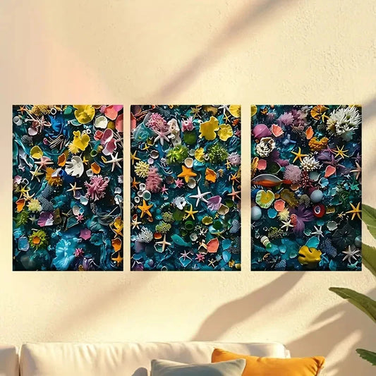 3pcs Vibrant Sea Shell and Coral Abstract Wall Art Set Canvas Framed 60x90cm - High Quality Print 100% Australian Made Wall Canvas Ready to Hang