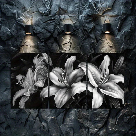 3pcs Black & White Night Lilies Metal Print Ready to Hang Art