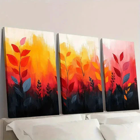 3pcs Orange Abstract Floral Botanical QE  Wall Art Set Canvas Unframed - High Quality Print 100% Australian Made Wall Canvas - Bella Home Decor