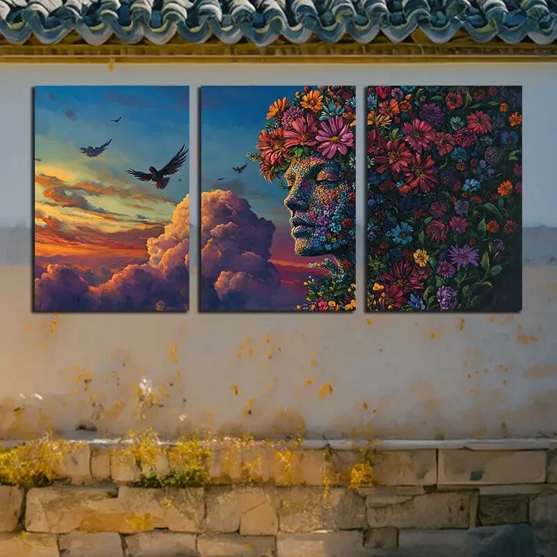 3pcs Abstract Floral Face Design with Birds Design Metal Print Ready to Hang Art - Bella Home Decor